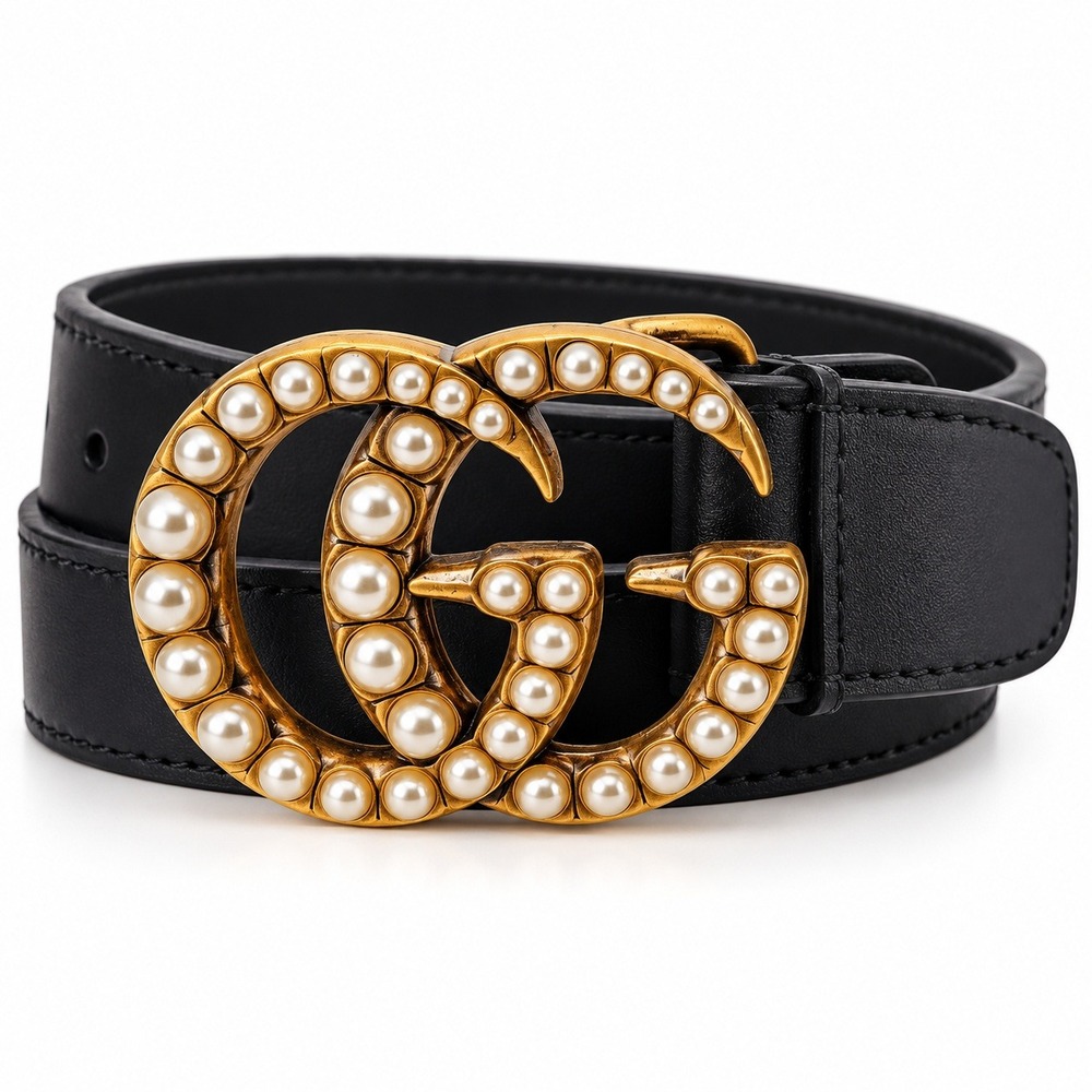 Authentic Gucci GG Marmont Pearl Embellishd Black Leather Belt Gold Buckle 90.36